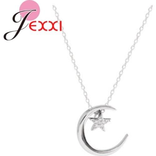 Wholesale Shiny Cubic Zirconia 925 Sterling Silver Star & Moon Pendant Long Necklaces Women Girls Fashion Jewelry