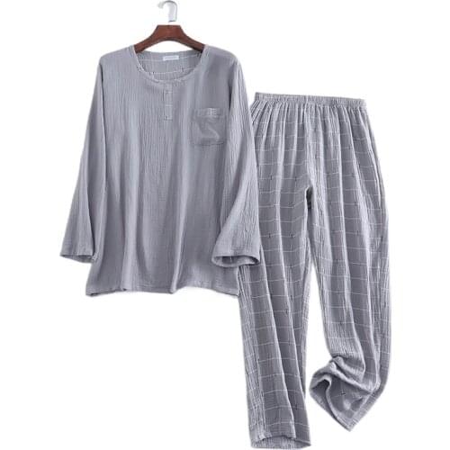 Mens Double Layer Washed Texture Gauze Round Neck Plaid Pajamas Pants Home Suit Men Lounge Wear Pocket Nightwear Dormir Tops