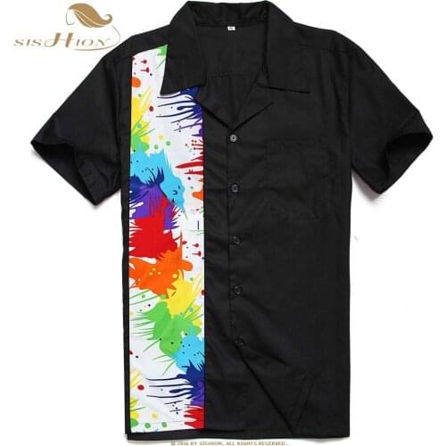 SISHION Graffiti Casual Retro Short Sleeve Men Shirt Cotton Colorful Paint Patchwork ST110 Rockabilly Black Shirt hemden herren