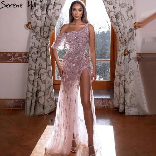 Serene Hill Pink A-Line High Split Evening Dresses Gowns 2021 One Shoulder Beaded Luxury For Women Party LA71241