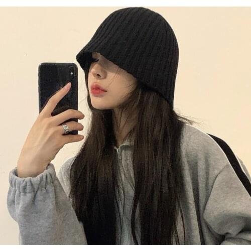 Hat For Girls Womens Beanie Autumn Winter Bucket Hip Hop Hijab Cap Knitted Trendy Black Hair Bonnet For Sleeping Streetwear