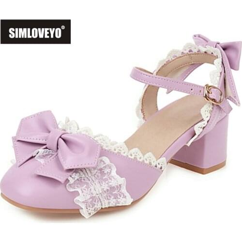 SIMLOVEYO New 2021 Ladies Sandals Square Toe Flower High Spike Heels Bow Big Size 46 US15 Lace Casual Summer Lolita A4074