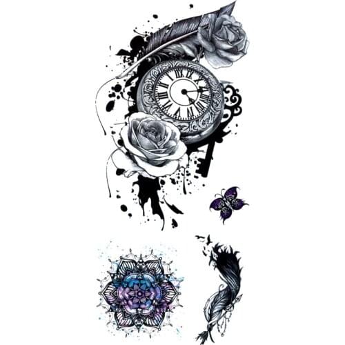 5pcs Rose Flower And Clock Waterproof Temporary Tattoos Men Feather Tatuagem Butterfly Henna Tattoo Sticker Kids Tatoo