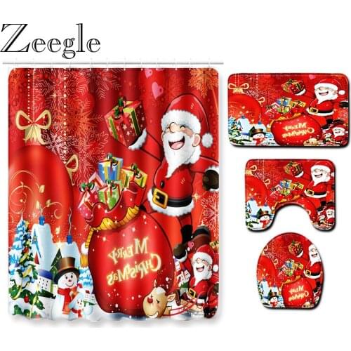 Zeegle Bathroom Decoration Shower Curtain Christmas Bathroom Carpet Set Non-slip Toilet Cover Mat Absorbent Microfiber Foot Mat
