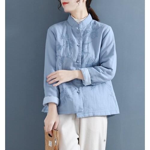 Chinese Style Retro Buckle Cotton And Linen Jacket Womens Spring Winter Embroidered Flower Cotton-padded Short Coat Vintage 2021