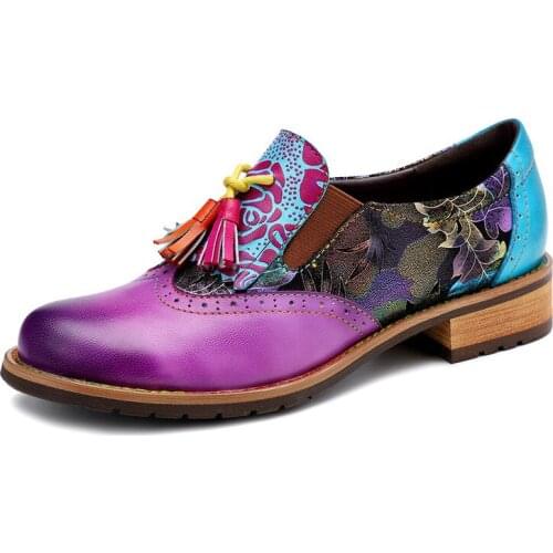 Floral Vintage Genuine Leather Chunky Heel Pumps 3-5CM Square High heels Slip On tassel Women Shoes Print zapatos para mujer