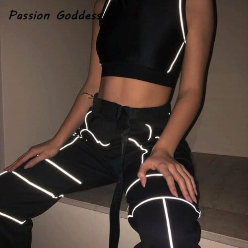 Women Two Piece Reflective Stripe Pants Set Tracksuit Luminous Crop Tops Cargo Pants High Waist Trouser With Buckle Belt 2 Piece