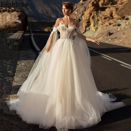 Eightree Princess Wedding Dresses Off Shoulder 3D Flowers Appliques Bridal Gown 2021 Backless Plus Size Boho Vestido de Noiva