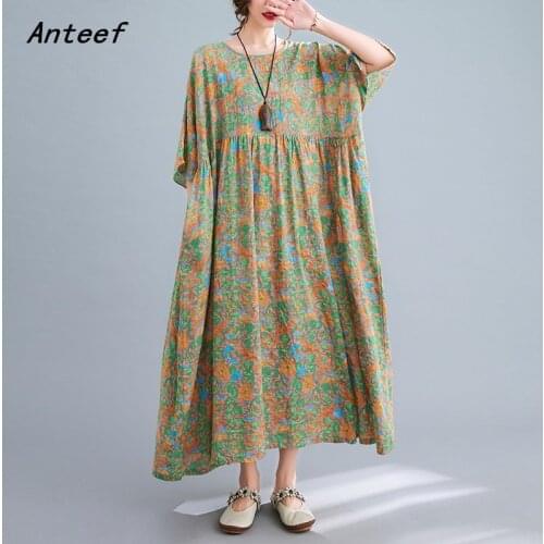 Short sleeve cotton vintage floral dresses for women casual loose long woman summer dress elegant clothes 2021