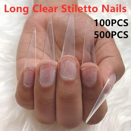 100/500PCS Lavish Long Clear Stiletto Nail Tips For Acrylic Nails Manicure Hybrid Paint Need Matt Top Coat For DIY Makeup