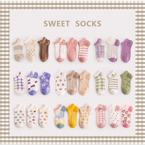 3pairs/lot Fashion Shallow Mouth Cartoon Cute Boat Socks Fruit Flower Sweet Socks Women Japanese Spring Summer Thin Cotton Socks