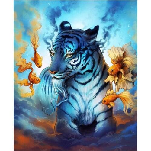 5D DIY Diamond Painting Tiger and Goldfish Rhinestone Full Diamond Round Cross Stitch Kit Home Wall Decoration