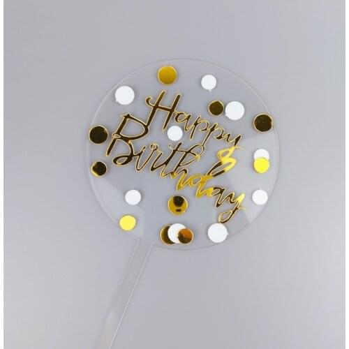 Acrylic Happy Birthday Cake Topper Gold White Dots Cupcake Topper For Baby Shower Boys Girls Birthday Party Cake Decorations