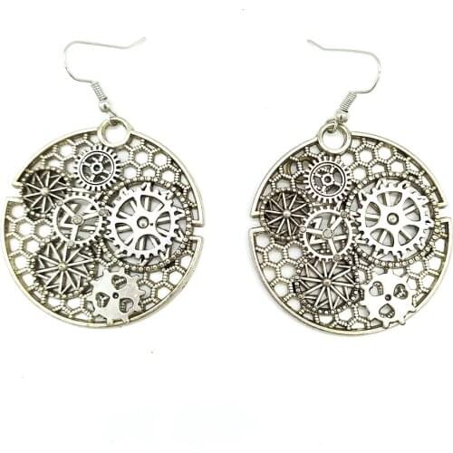 Cykopv Original Style Round Honeycomb and Various Gears Vintage Silver Steampunk Earrings