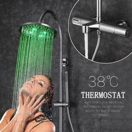 SKOWLL Bathroom Shower Faucet Set LED Rainfall Shower Head Tub Spout Dual Handle, Thermostatic