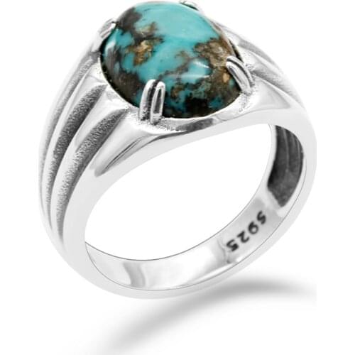 Turquoise Ring For Men 925 Sterling Silver Prong Setting Blue Natural Stone Vintage Ring for Man Women Turkish Silver Jewelry