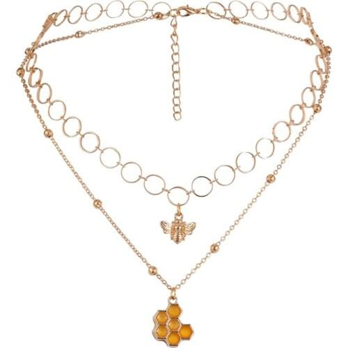 Boho Bee Layered Short Necklaces Gold Honeycombs Pendant Necklace Beaded Necklaces Chain for Women and Girls d88