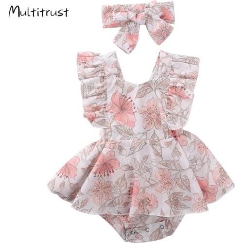 Baby Girls Summer Casual Floral Print U-Neck Fly Sleeves Bodysuits Jumpsuit with Headwear 0-24M