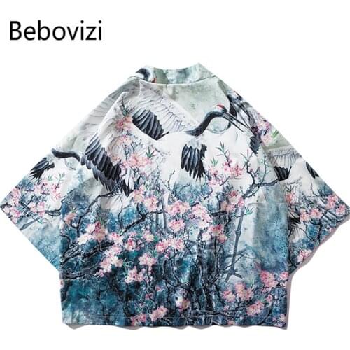 Bebovizi Fashion Chinese Style Crane Printed Cardigan Kimono 2019 Japan Loose Thin Robe Mens Harajuku Streetwear Jacket Coat