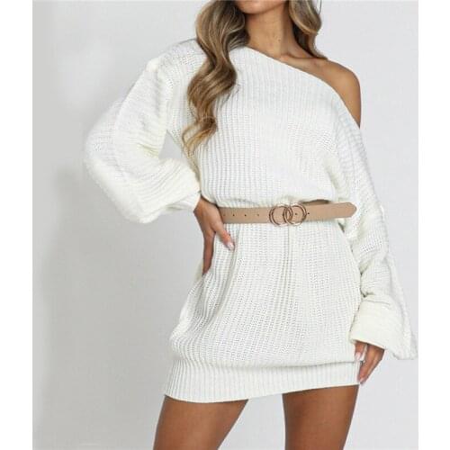 Autumn Fashion Women Lantern Sleeve Off Shoulder Sweater Dress, Oblique Shoulder Solid Color Knitted Dress S-XL 2020 New Hot