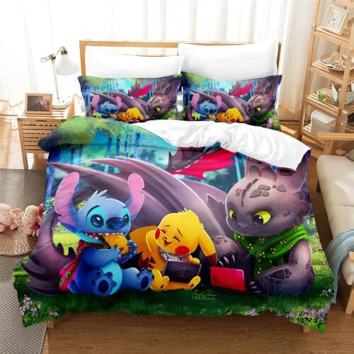 Pokemon cartoon Pikachu series childrens printing three-piece bed sheet duvet cover set 90g brushed digital printing bedding