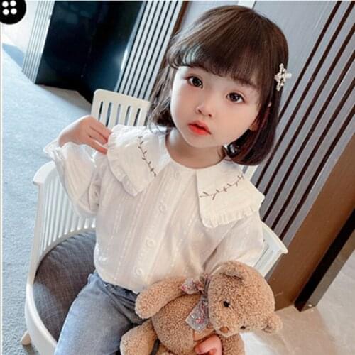 Children White Blouses New Spring Autumn Embroidery Full Sleeve Shirt Korean Style Cotton Kids Girl School Shirts For 1-7Yrs