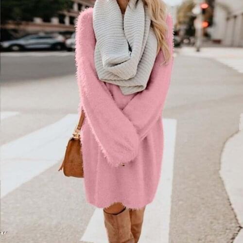 Chic Women Autumn Solid Color O Neck Sweater Fluffy Loose Knee-length Dress