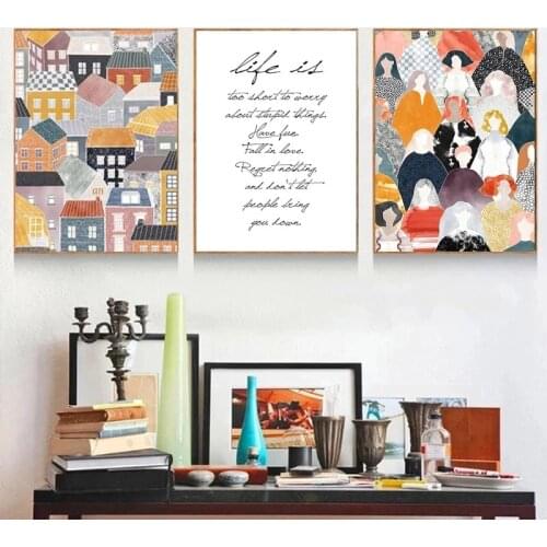 Modern Graffiti Colorful Houses and Crowd Posters and Prints Canvas Paintings Wall Art Pictures for Living Room Decor (No Frame)