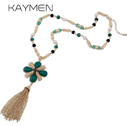 KAYMEN Luxury Handmade Chains with Four Leaf Clover Pendant Chains Tassels Necklace Pendant inlaid Rhinestones Pearls Necklace