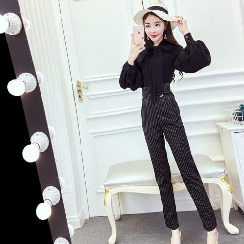 Womens 2018 Spring and Autumn new style chiffon blouse career wear stripes striped straight jeans Fashionable Set