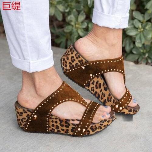 Women sandals Flock Slip On 5CM Wedges High heels Round Toe Shallow women shoes sandalias mujer 2020 size 35-42 black Khaki