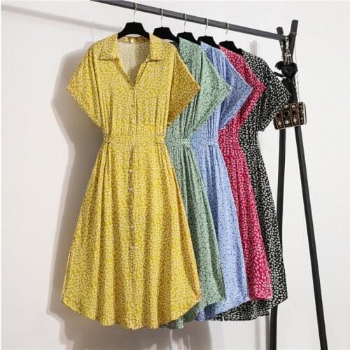 Women Printed Dot Chiffon Long Dresses Summer Short Sleeve Single-Breasted V-Neck Dress Female Beach Midi Dress