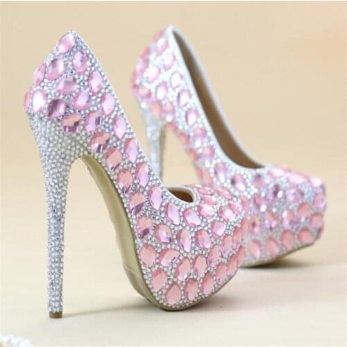 8cm/10cm/12cm/14cm Women Fashion princess Crystal shoes Wedding shoes Bride High-heeled shoes Pink silvery Waterproof Wedding sh
