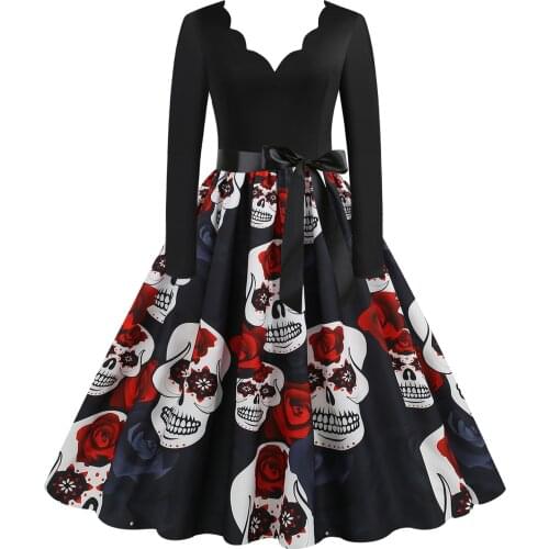 Printed Skull Halloween Costume Dress Ladies Cosplay Witch Long Sleeve Dresses With Belt Plus Size Costume Disfraz Mujer