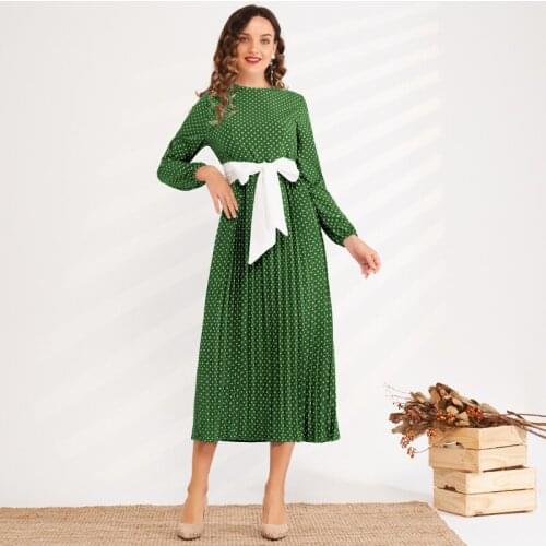 Summer New Fashion Womens Round Neck Polka Dot Waist Slimming Belt Long Pleated Lantern Sleeve Sweet and Versatile Dress