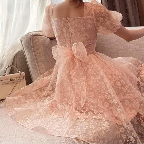 Heydress Sumemr Chic Elegant Vintate Floral Fariy Dress Women Short Sleeve Midi Dress Female Party Beach Korea Holiday Dress