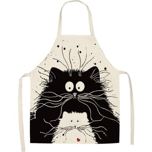 1 Pcs Cartoon Animal Black Cat Pattern Kitchen Aprons for Women Home Cotton Linen Sleeveless Apron Cooking Baking Waist Bib Tool