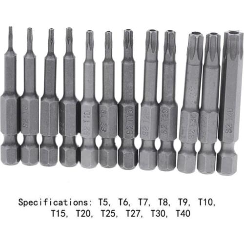 10pcs 50mm 1/4inch Hex Torx Screwdriver Bits Magnetic Screw Driver T5, T6, T7, T8, T9, T10, T15, T20, T25, T27, T30, T40