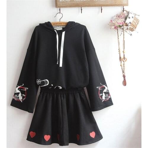 Harajuku anime hoodies skirt Fushimi Inari Shrine fox printed Women Lolita Girls' Japanese spring Black Short Top Set