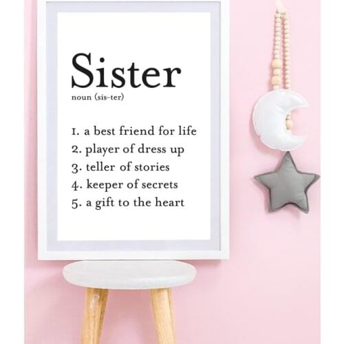 Sister Definition Sign Print Black White Wall Picture Girls Room Decor , Minimalist Wall Art Canvas Painting Girl Nordic Poster