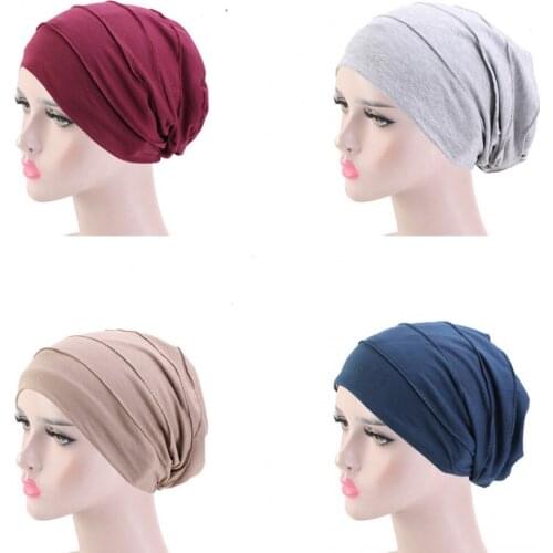 Elastic Turban Hat Solid Color Cotton Women Satin Lining Headscarf Bonnet Inner Hijabs Cap Muslim Hijab Femme Wrap Head