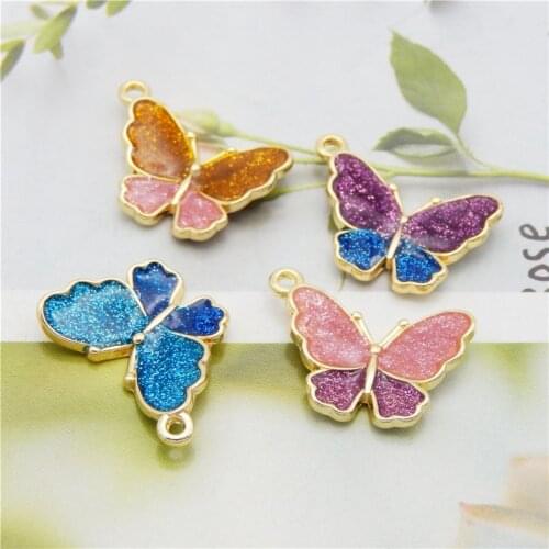 Julie Wang 4PCS Enamel Butterfly Charms Mixed Colors Alloy Gold Tone Sequined Insect Pendant Bracelet Jewelry Making Accessory