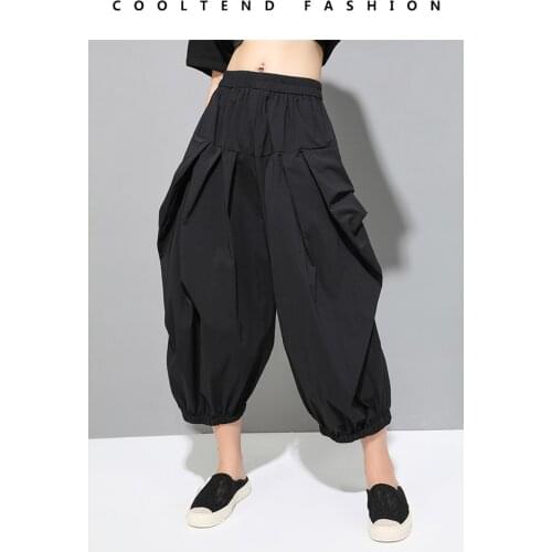 Dark black pleated large size knickerbockers, new loose and casual Elastic Waist Wide Leg Capris in spring and summer