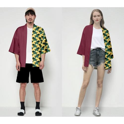 Kimono Men Shirt Casual Cardigan Streetwear Harajuku Japanese Fashion Square color matching Print Coat Jackets Asian Clothes