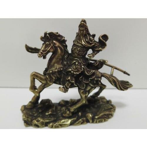 Chinese Pure Brass Riding Horse Guan Gong Small Statue