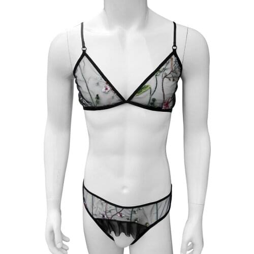 Mens Bra Sets With Crotchless Panties Sissy Sexy Lingerie Crossdressers Nightwear Embroidery Spaghetti Straps Underwear Mesh Bra