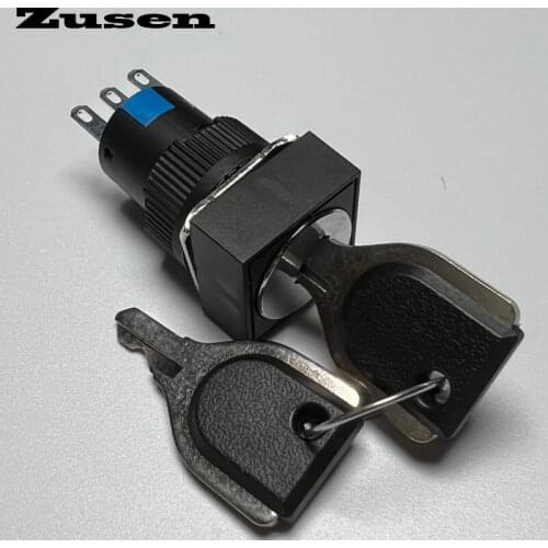 Zusen 16mm square plastic key 2 position lock switch LA16-11Y/21/F