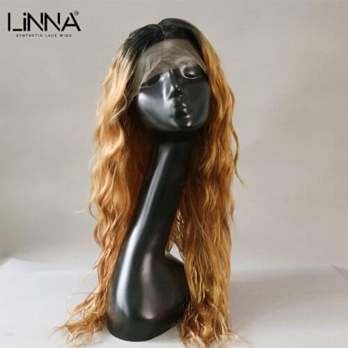 LINNA Synthetic Lace Wigs For Women Long Deep Natural Wave Gold Blonde Cosplay Wigs 28 Inch Hair High Temperature Fiber Wig