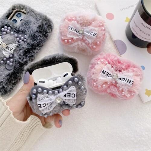 Fashion Bow Plush Earphone Case For Apple AirPods 1 2 3 Pro Cute Fuzzy Soft Headset Cover Box For Air pods Headphone Cases Funda