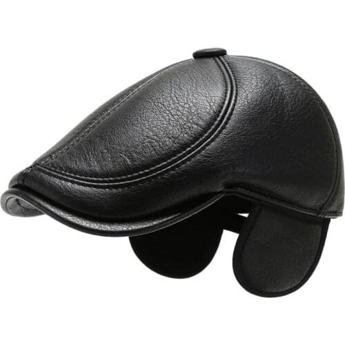 HT3351 Beret Man PU Leather Beret Cap Adjusted Octagonal Newsboy Cap Autumn Winter Hats with Earflap Artist Painter Hat Flat Cap